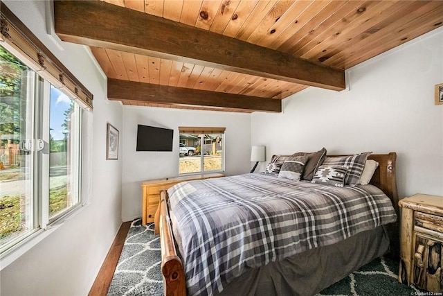 bedroom with wood finished floors, baseboards, beam ceiling, and wooden ceiling