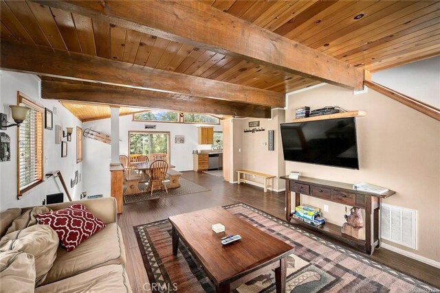 living area with visible vents, wood finished floors, wooden ceiling, baseboards, and vaulted ceiling with beams