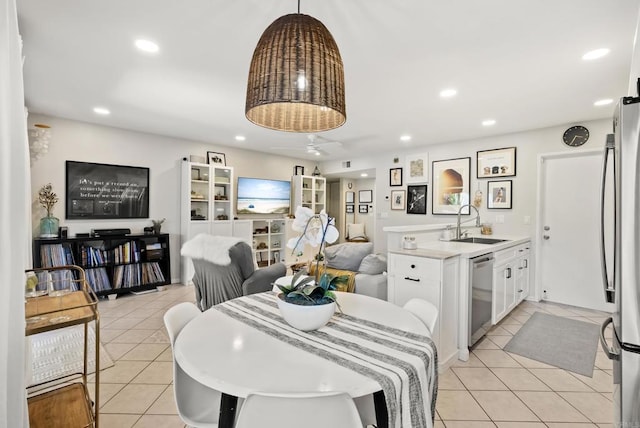 dining room featuring recessed lighting, light tile patterned flooring, and ceiling fan