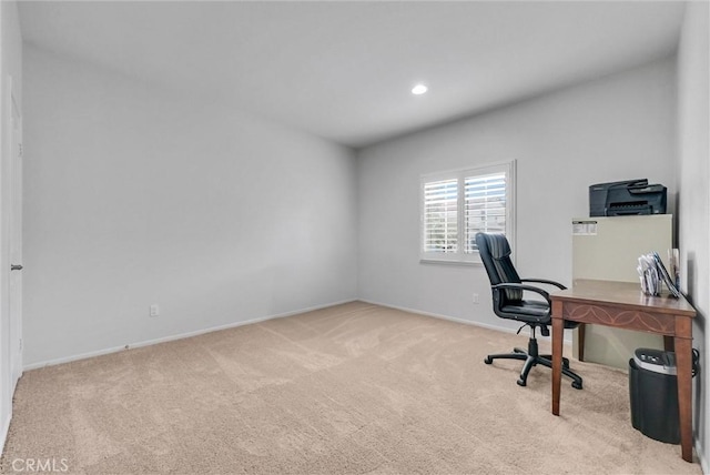 carpeted office space featuring baseboards and recessed lighting