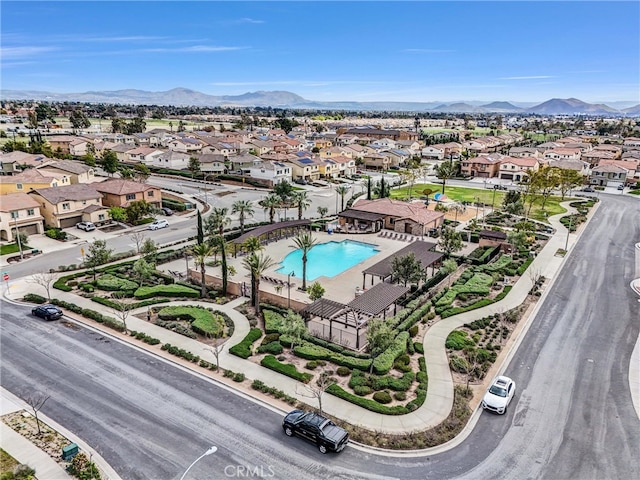 aerial view featuring a residential view and a mountain view