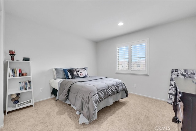 carpeted bedroom with recessed lighting and baseboards