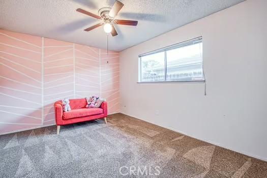 sitting room with a ceiling fan, carpet flooring, and a textured ceiling