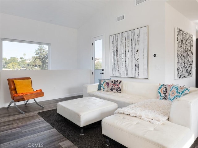 living area with lofted ceiling, visible vents, and wood finished floors