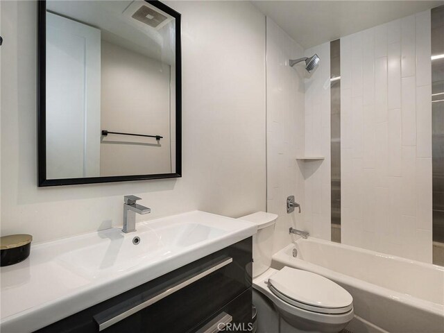 full bath with toilet, shower / tub combination, and vanity