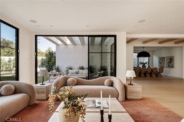 interior space with access to outside, beamed ceiling, and wood finished floors