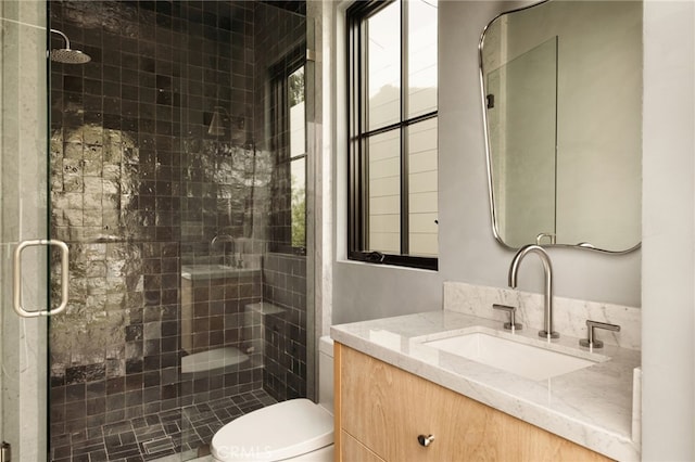 full bathroom with a shower stall, toilet, and vanity