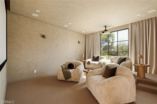 carpeted home theater room with baseboards