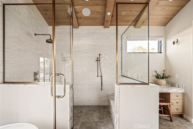 bathroom with lofted ceiling with beams, brick wall, a stall shower, and wooden ceiling