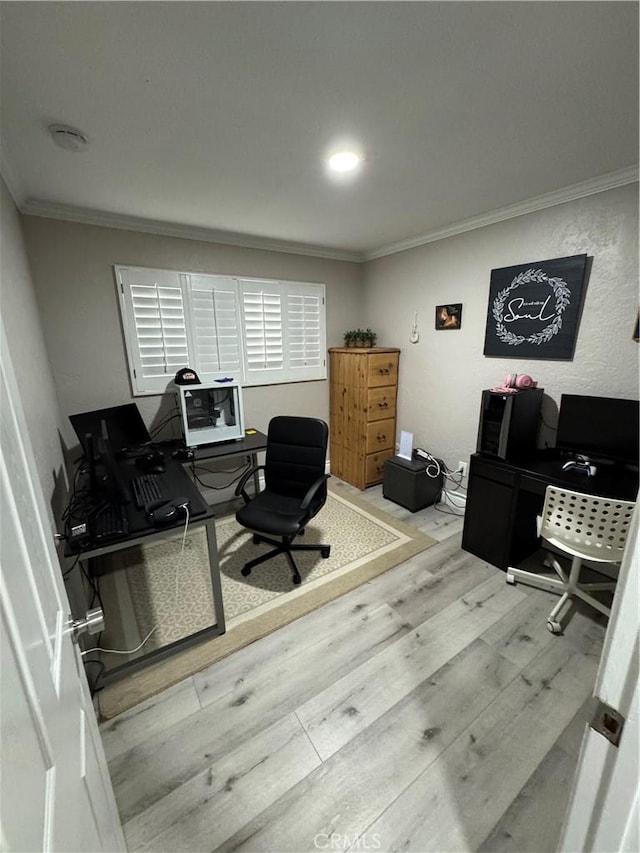 office area featuring wood finished floors and crown molding