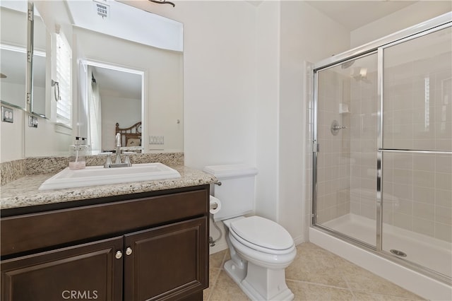 full bath with tile patterned flooring, visible vents, a stall shower, and toilet