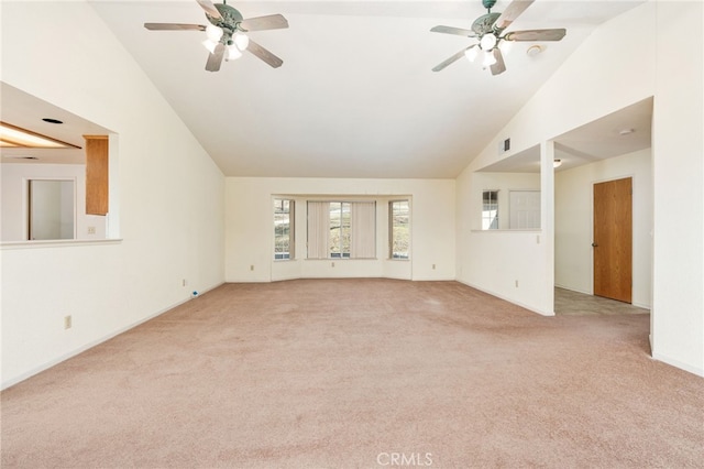 unfurnished living room with light colored carpet, ceiling fan, and visible vents