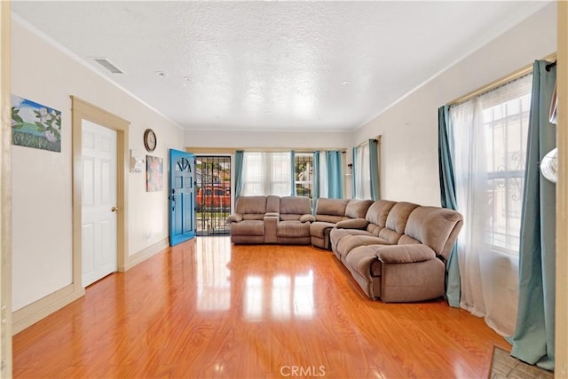 living room featuring a textured ceiling, light wood finished floors, visible vents, and a healthy amount of sunlight