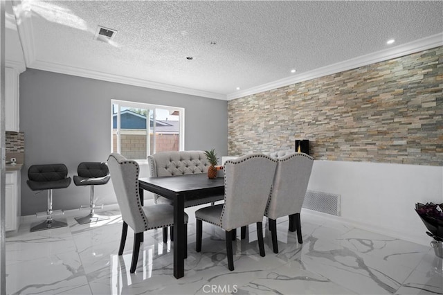 18218 Otilla St, Bloomington, CA 92316 - dining space with visible vents, a textured ceiling, marble finish floor, and ornamental molding