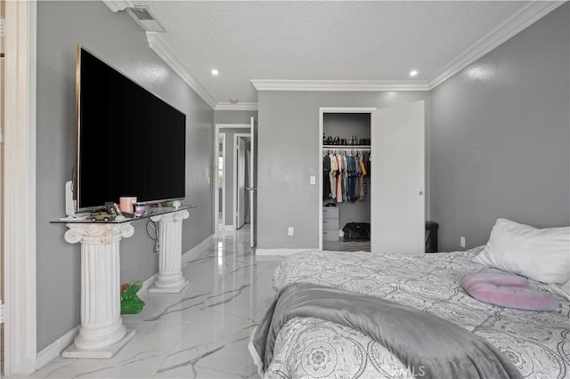 18218 Otilla St, Bloomington, CA 92316 - bedroom with baseboards, recessed lighting, ornamental molding, a textured ceiling, and marble finish floor