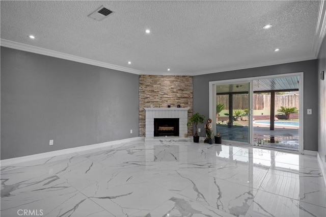 18218 Otilla St, Bloomington, CA 92316 - unfurnished living room featuring a textured ceiling, a fireplace, visible vents, and ornamental molding