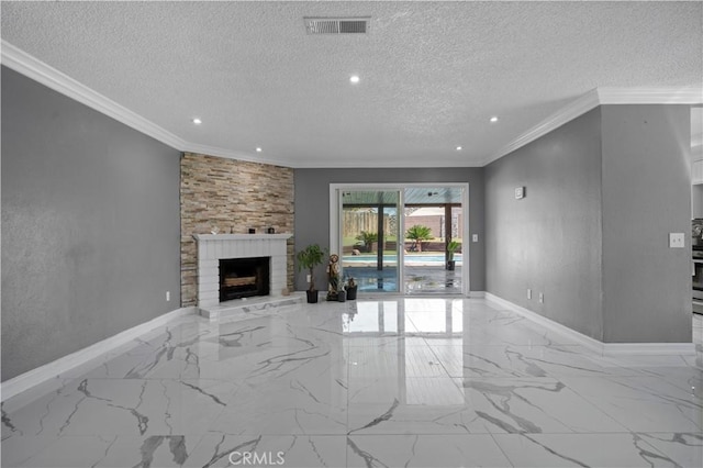 18218 Otilla St, Bloomington, CA 92316 - unfurnished living room featuring visible vents, ornamental molding, a textured ceiling, a fireplace, and baseboards