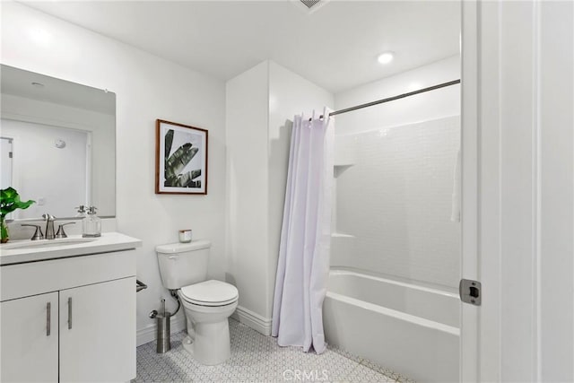 full bath with tile patterned floors, shower / bathtub combination with curtain, toilet, baseboards, and vanity