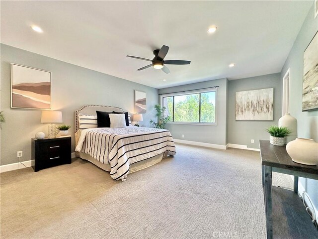 bedroom featuring carpet floors, recessed lighting, and baseboards