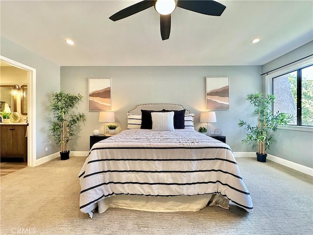 bedroom with carpet floors, recessed lighting, a ceiling fan, and baseboards