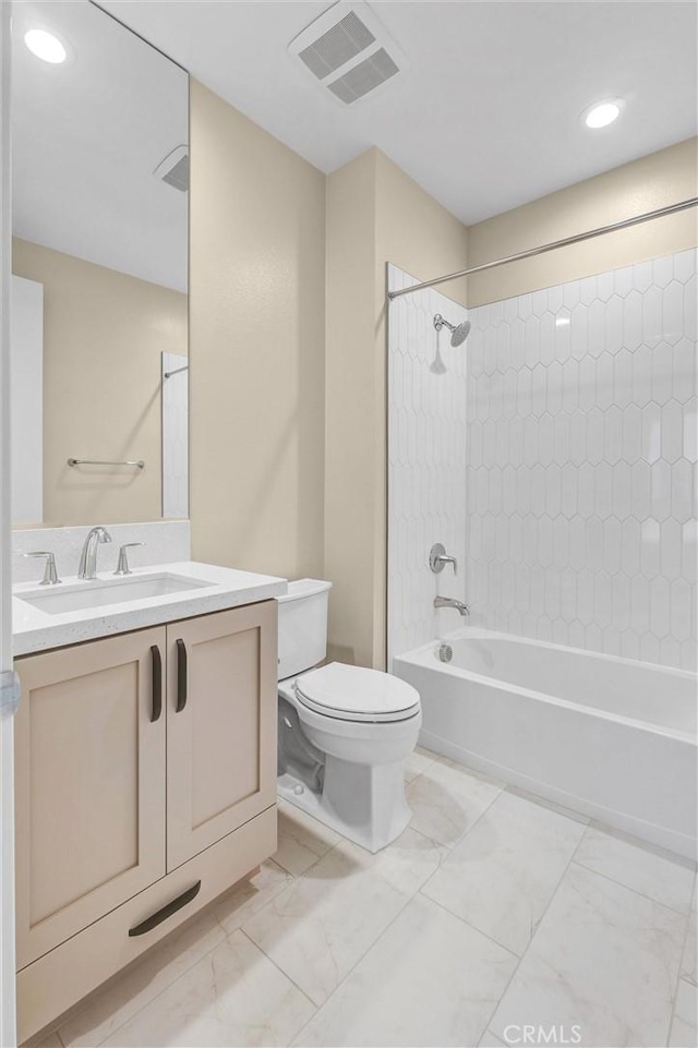 full bath featuring marble finish floor, visible vents, toilet, vanity, and shower / tub combination