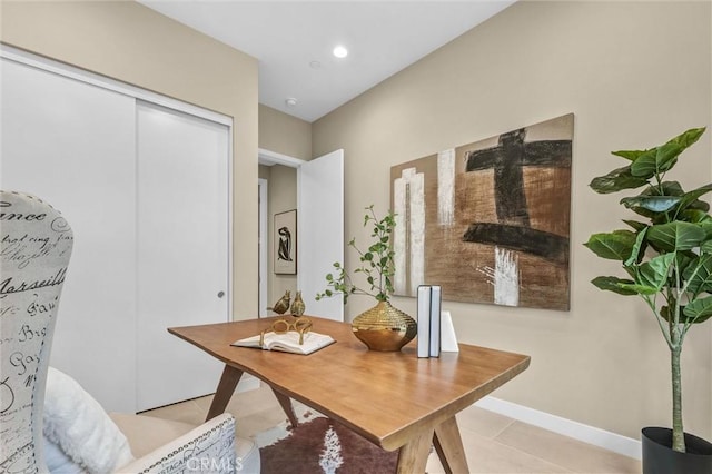 dining space featuring recessed lighting, baseboards, and light tile patterned floors