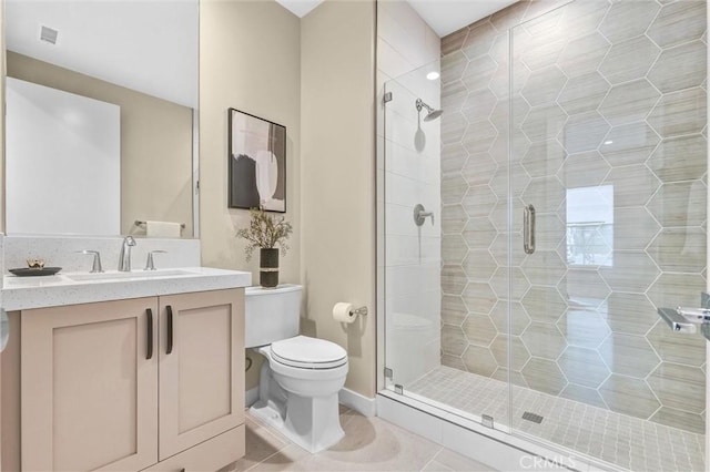 bathroom featuring tile patterned flooring, toilet, visible vents, vanity, and a stall shower