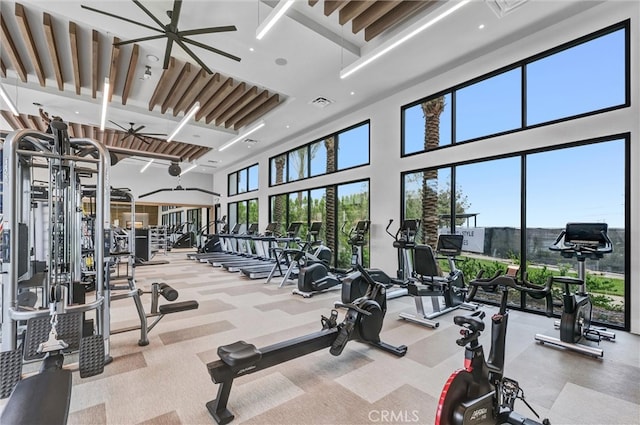 1155 Poppy Ct, Montebello, CA 90640 - workout area featuring a towering ceiling, a ceiling fan, and carpet