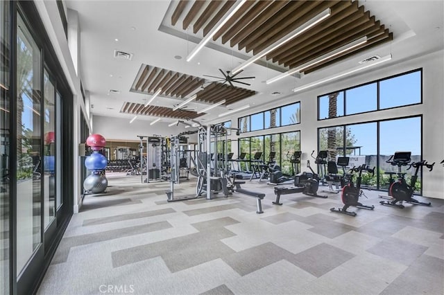 exercise room with a high ceiling, plenty of natural light, and visible vents