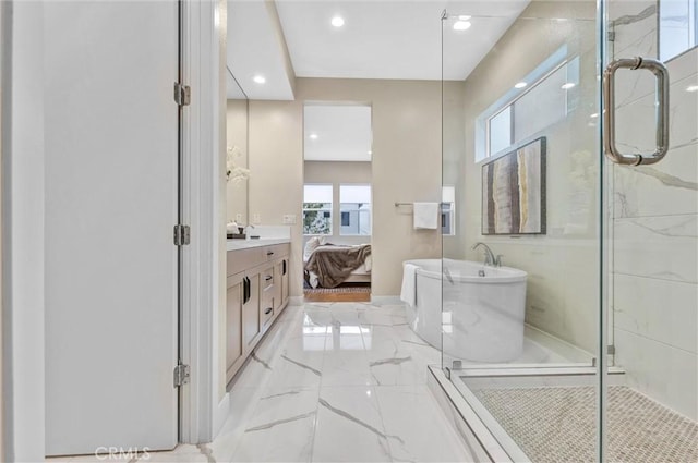 bathroom featuring connected bathroom, a stall shower, marble finish floor, and a soaking tub