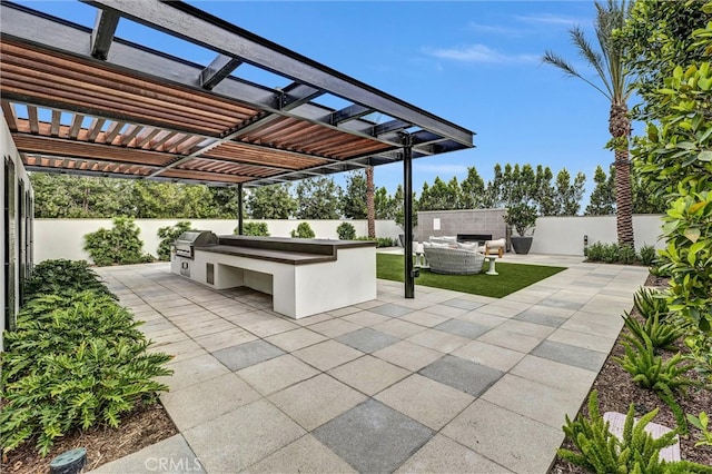 view of patio with a fenced backyard, outdoor lounge area, grilling area, and a pergola