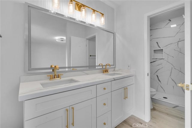 full bath with a marble finish shower, double vanity, a sink, and toilet