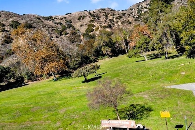 view of community featuring a lawn and a mountain view