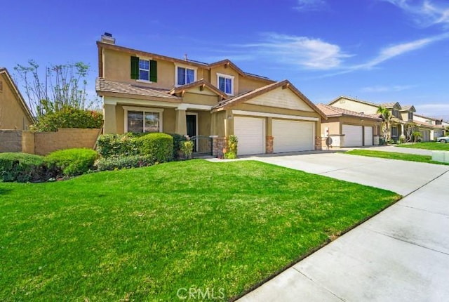 view of front facade featuring stucco siding, concrete driveway, an attached garage, fence, and a front lawn