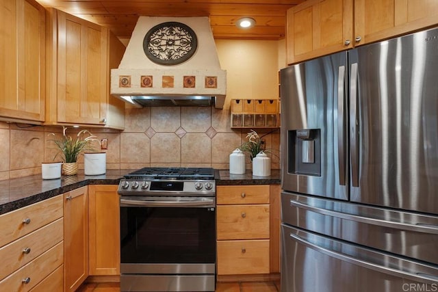 kitchen featuring wood ceiling, custom exhaust hood, stainless steel appliances, and decorative backsplash