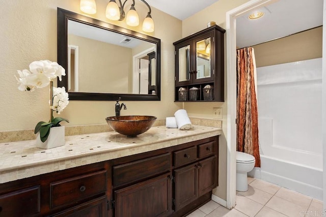 full bath featuring shower / tub combo, visible vents, toilet, tile patterned floors, and vanity