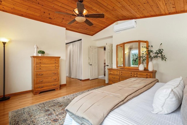 bedroom featuring lofted ceiling, an AC wall unit, wooden ceiling, and light wood-style flooring