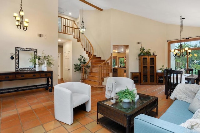 living room with visible vents, stairs, a chandelier, and tile patterned flooring