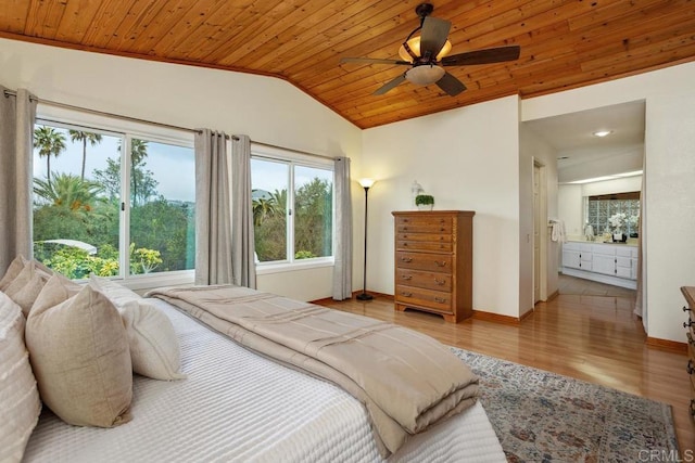 bedroom featuring lofted ceiling, ensuite bath, wood finished floors, wooden ceiling, and baseboards