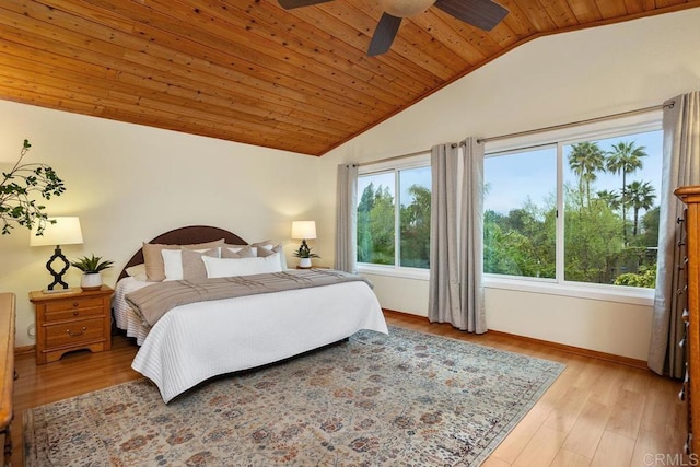 bedroom featuring baseboards, a ceiling fan, lofted ceiling, wood ceiling, and light wood-type flooring