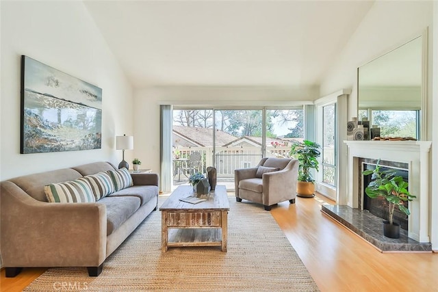 living room featuring lofted ceiling, a premium fireplace, and wood finished floors