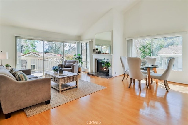 living room featuring high vaulted ceiling, a warm lit fireplace, and wood finished floors