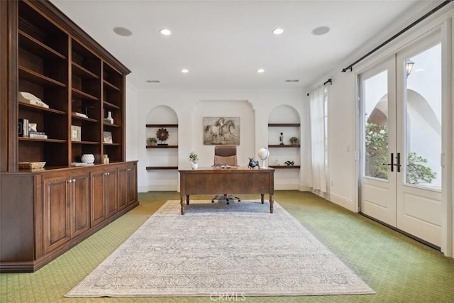 office space featuring built in shelves, recessed lighting, light colored carpet, baseboards, and french doors