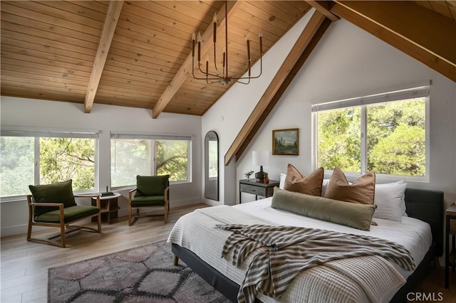 bedroom featuring high vaulted ceiling, beam ceiling, and wood finished floors