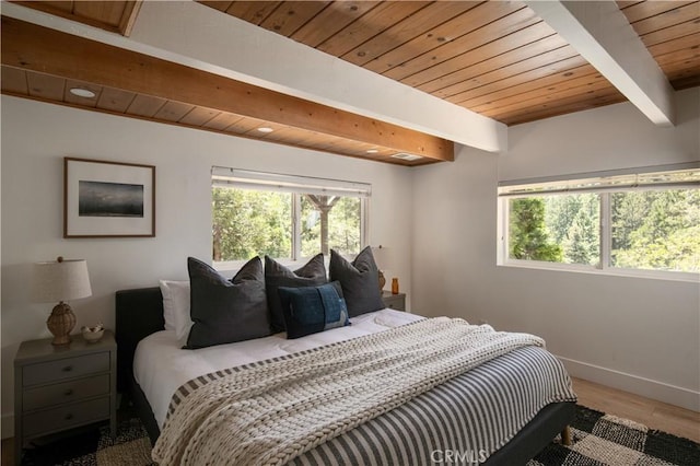 bedroom featuring wooden ceiling, baseboards, beamed ceiling, and wood finished floors