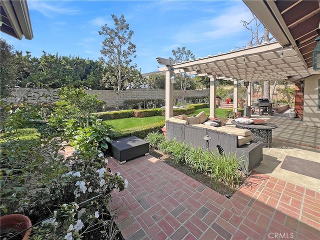 view of patio featuring grilling area, fence, an outdoor hangout area, and a pergola