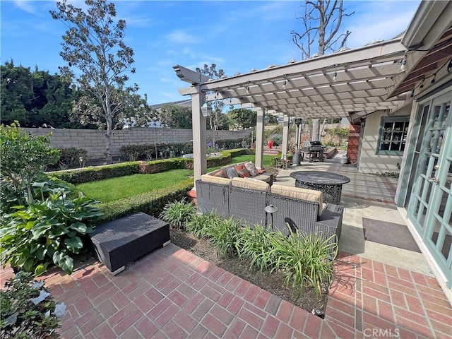 view of patio with an outdoor hangout area, area for grilling, fence, and a pergola