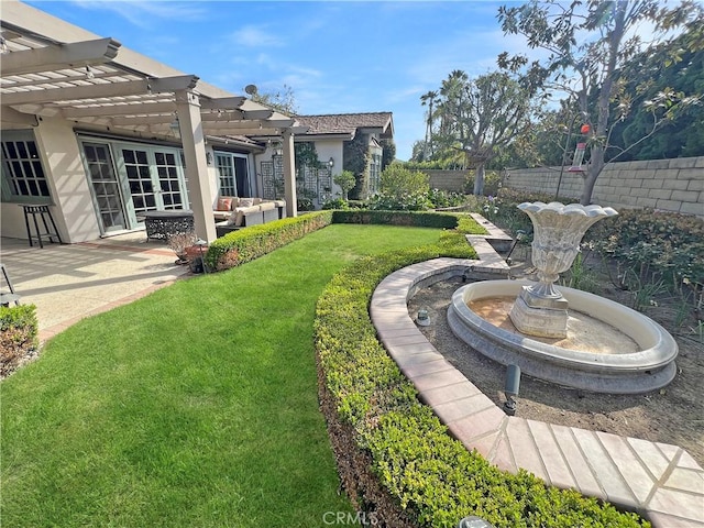 view of yard featuring an outdoor hangout area, a patio, fence, and a pergola