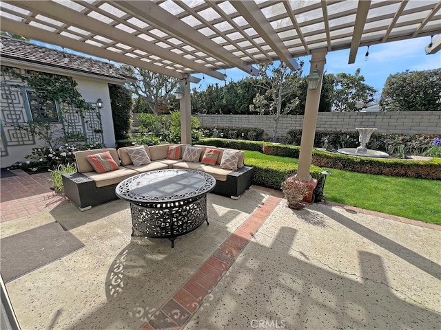 view of patio / terrace with outdoor lounge area, fence, and a pergola