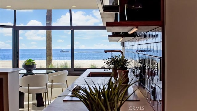 interior space featuring a water view
